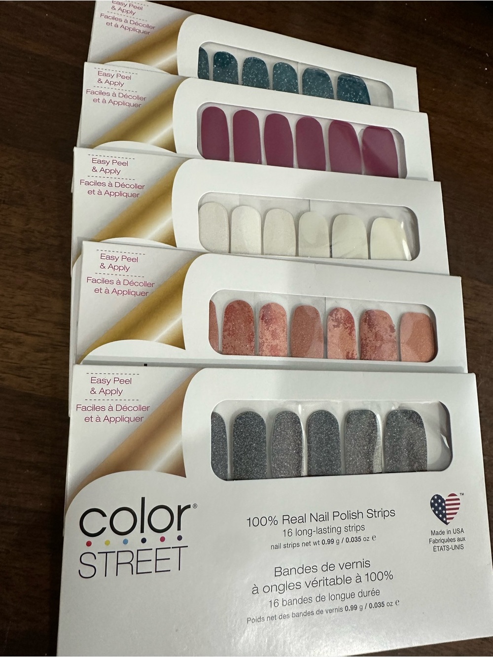 Set Of Five ColorStreet Nail Strips - Teal Glitter, Fuchsia, Cream, Rust & Gray